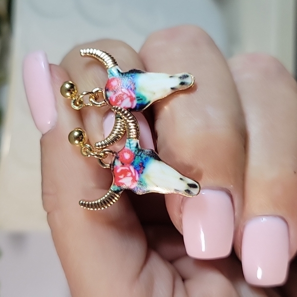 Floral Longhorn Drop Earrings - Picture 6 of 6